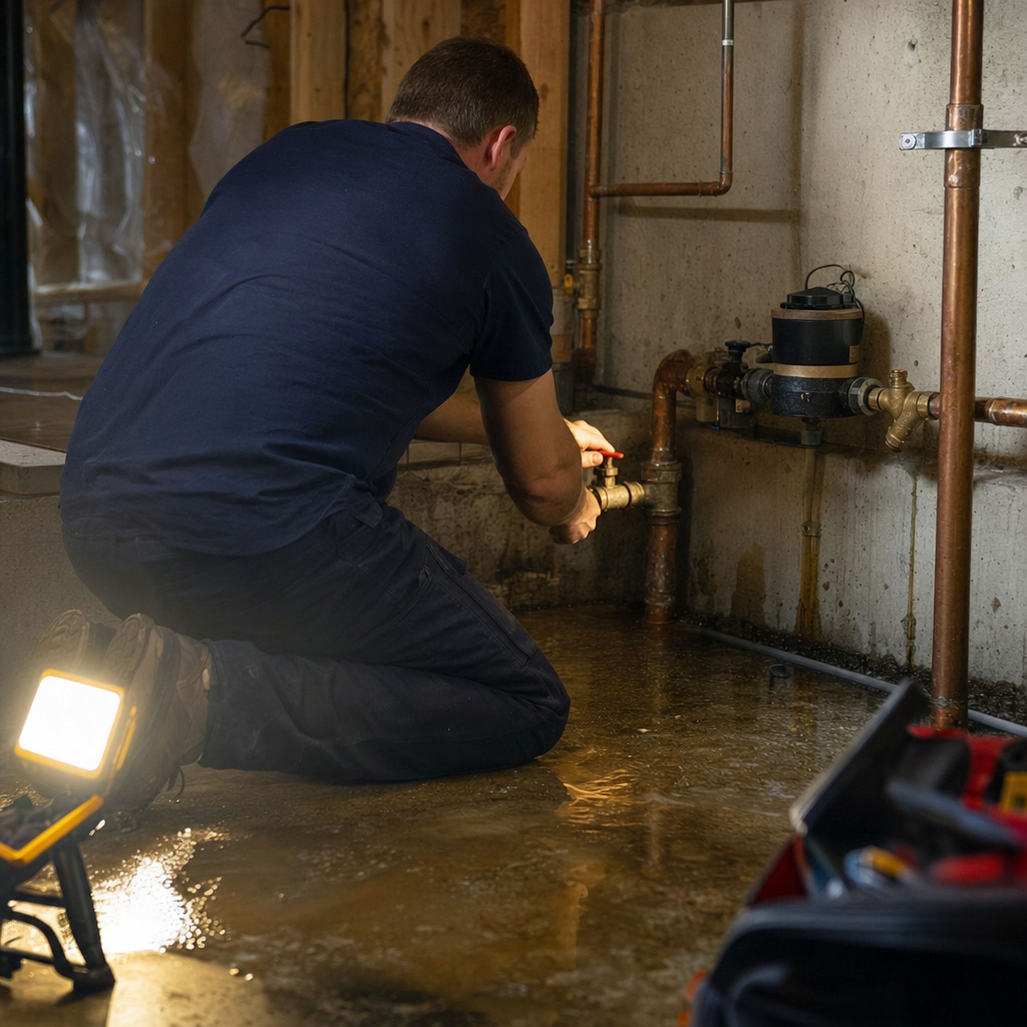 A plumber shutting off the main water valve in a flooded Minnesota basement