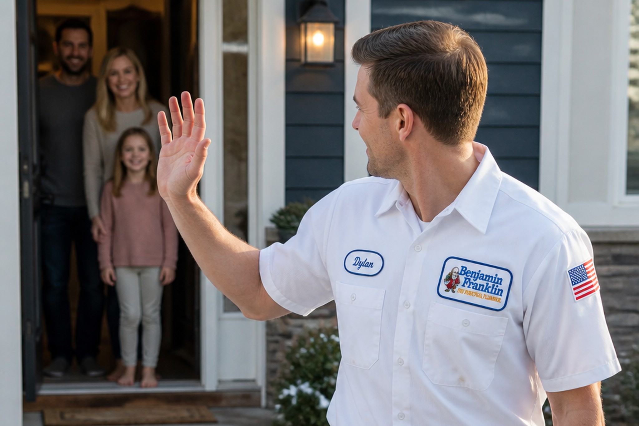 Northern Benjamin Franklin Plumbing technician leaving a happy Bloomington household